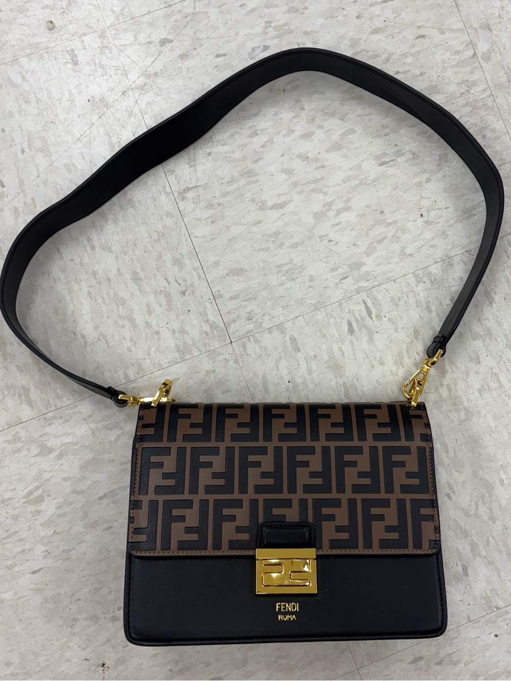 Brown FF Logo Canvas and Black Leather Crossbody with Gold Hardware